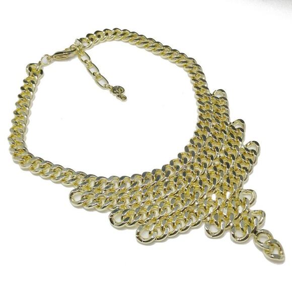 Gold Tone Bib Necklace Chunky Curb Chain Statement Collar P Hang Tag 20" - Picture 1 of 11